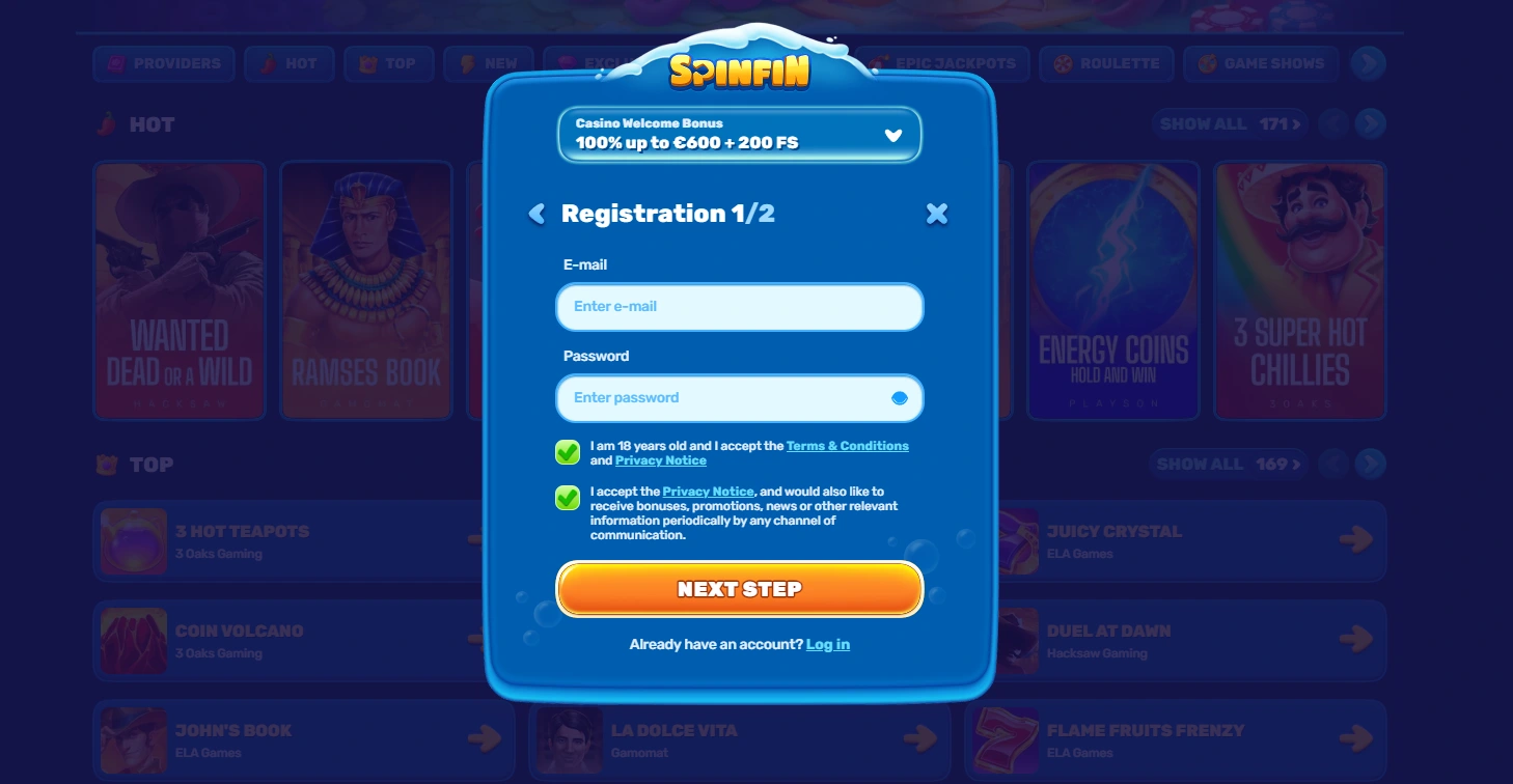 spinfin casino register